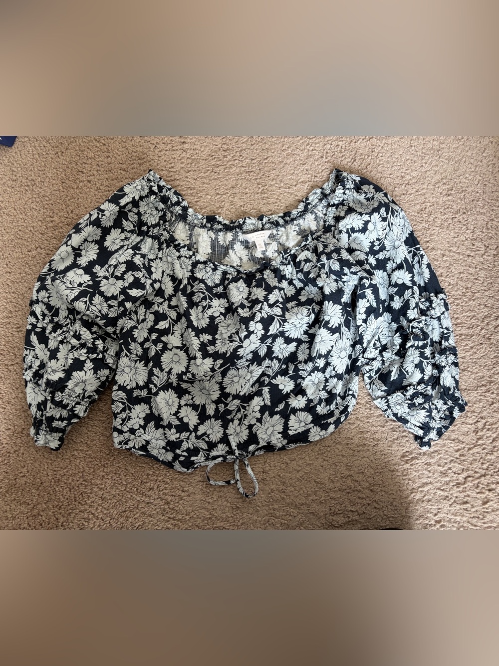 LC Lauren Conrad Black and White Floral Off-Shoulder Crop Top